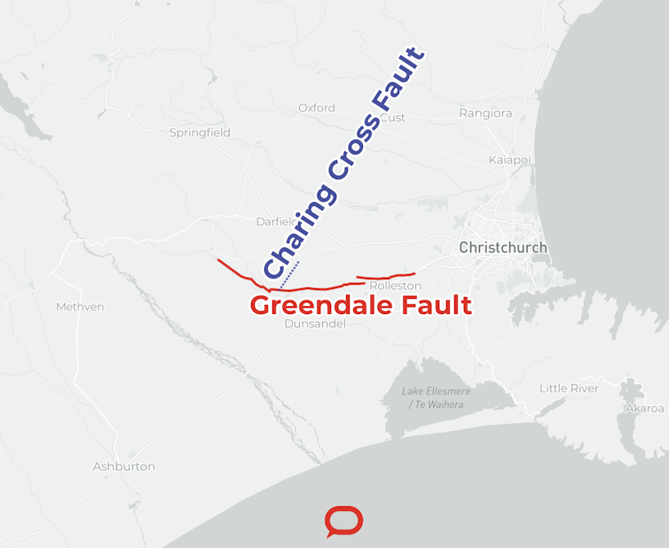 Map showing the intersection of the Greendale Fault and the Charing Cross Fault