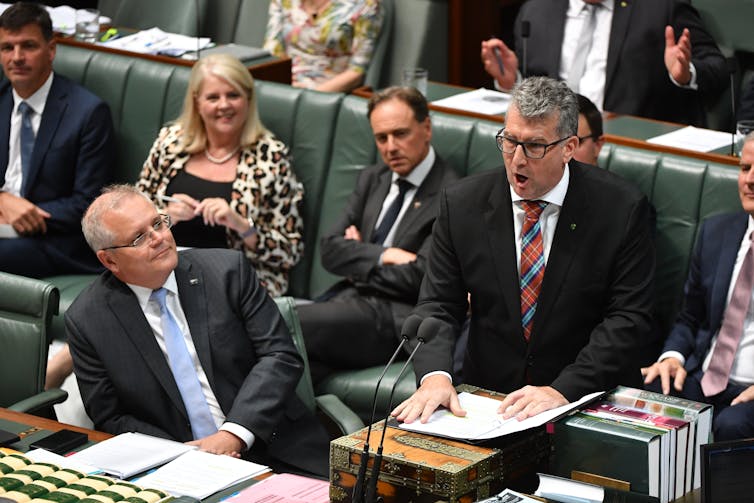 Keith Pitt speaks in Parliament as Prime Minister Scott Morrison watches on