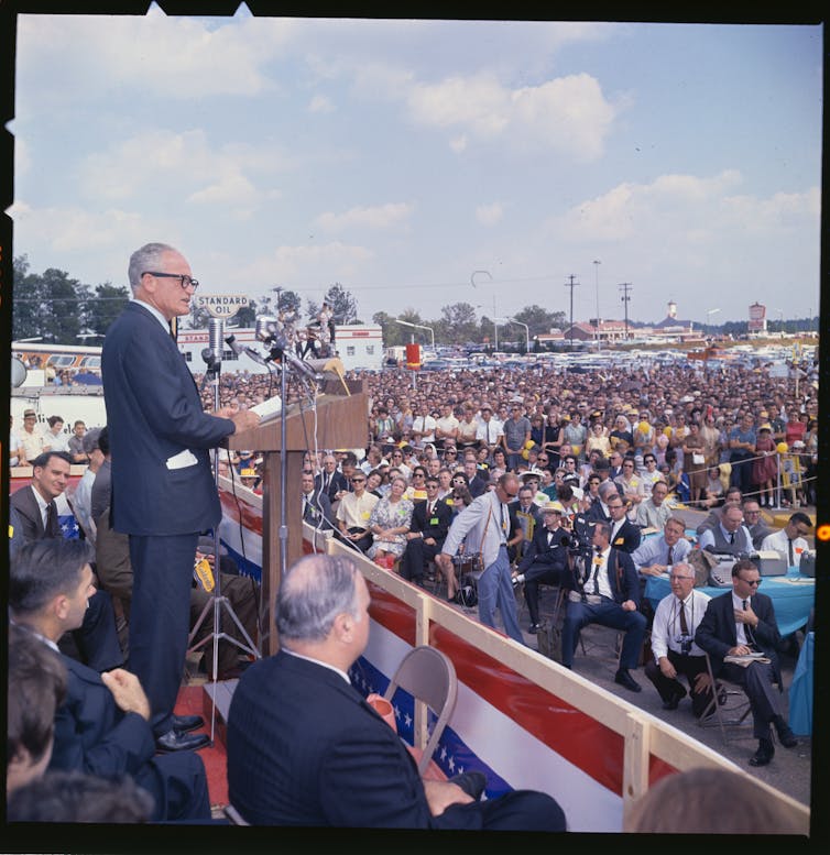 The 1964 GOP presidential candidate Barry Goldwater speaking at a rally.