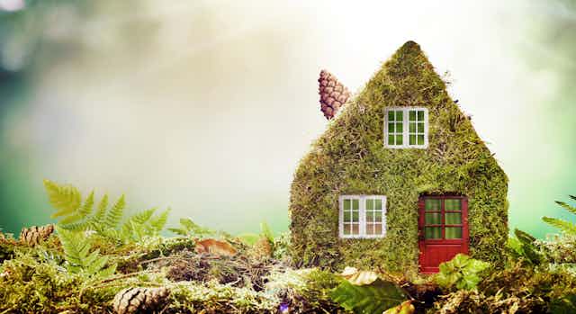 Art concept of eco-friendly house covered in moss covered model home outdoors in a garden with copy space amongst green ferns