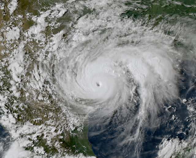 A satellite image of Hurricane Harvey making landfall in Texas