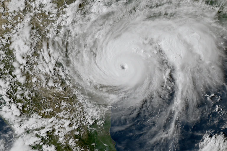 A satellite image of Hurricane Harvey making landfall in Texas
