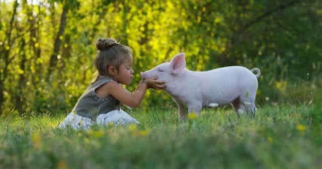 Una niña acaricia y besa a un lechón en un prado verde,
