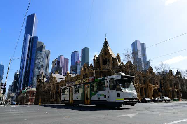 Melbourne skyline featuring a tram in the foreground