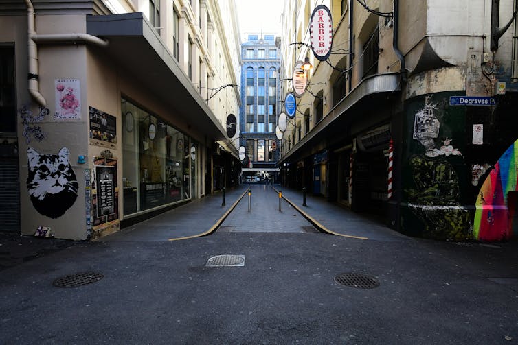 No people and no tables on the normally full Degraves St.