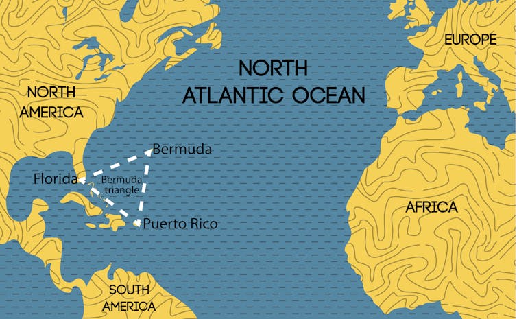 Map of the North Atlantic Ocean showing the approximate boundaries of the Bermuda Triangle.