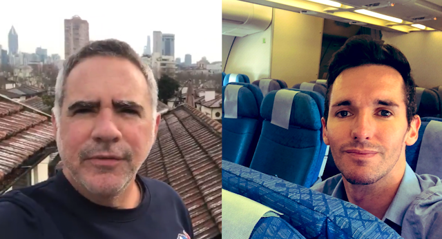 Left: Michael Smith on Shanghai rooftops, Right: the ABC's Bill Birtles on an empty Cathay Pacific flight.