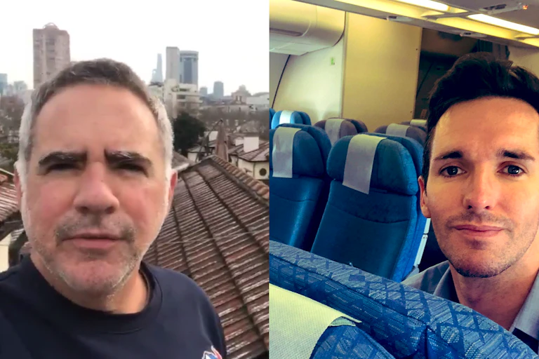 Left: Michael Smith on Shanghai rooftops, Right: the ABC's Bill Birtles on an empty Cathay Pacific flight.