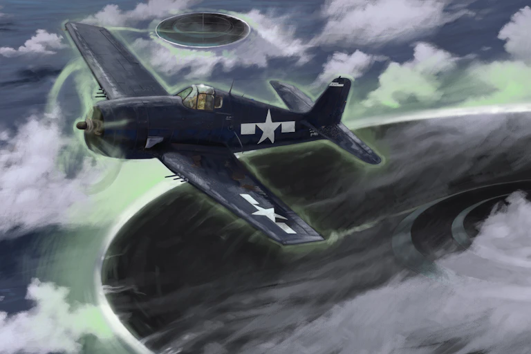 An illustration of a plane flying over an ocean with a UFO nearby.