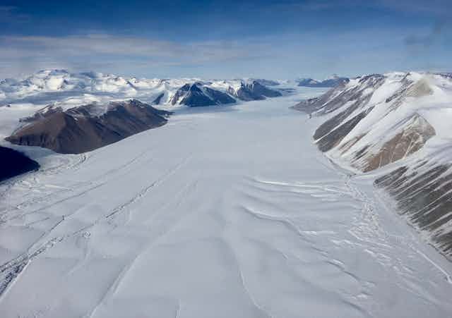 A glacier in a valley in Antarctica.