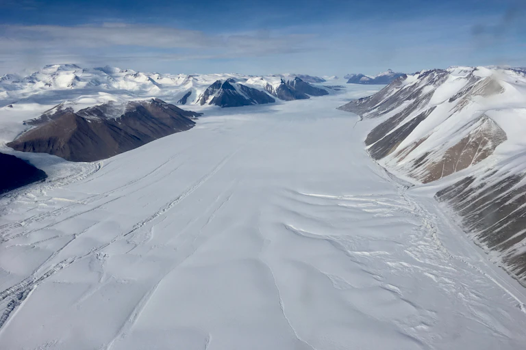A glacier in a valley in Antarctica.