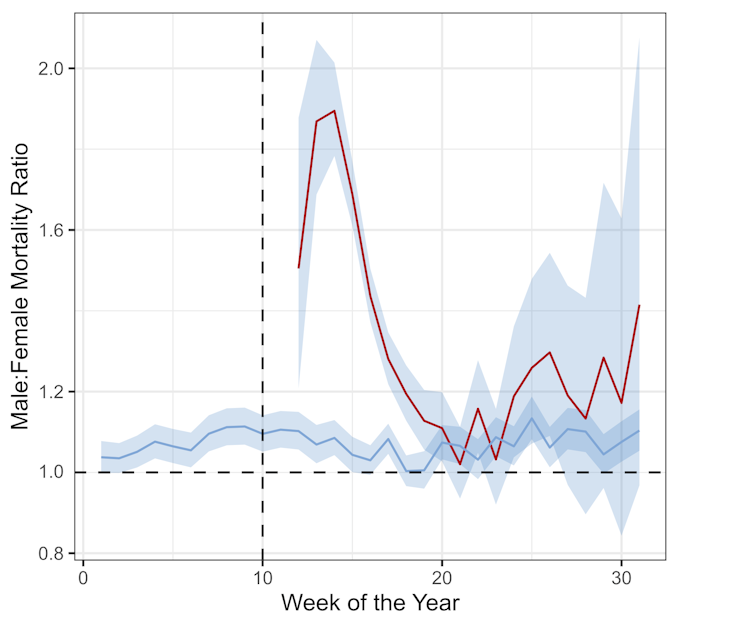 A graph showing how the male-female death ratio for over-65s in the UK changed during the first 30 weeks of 2020