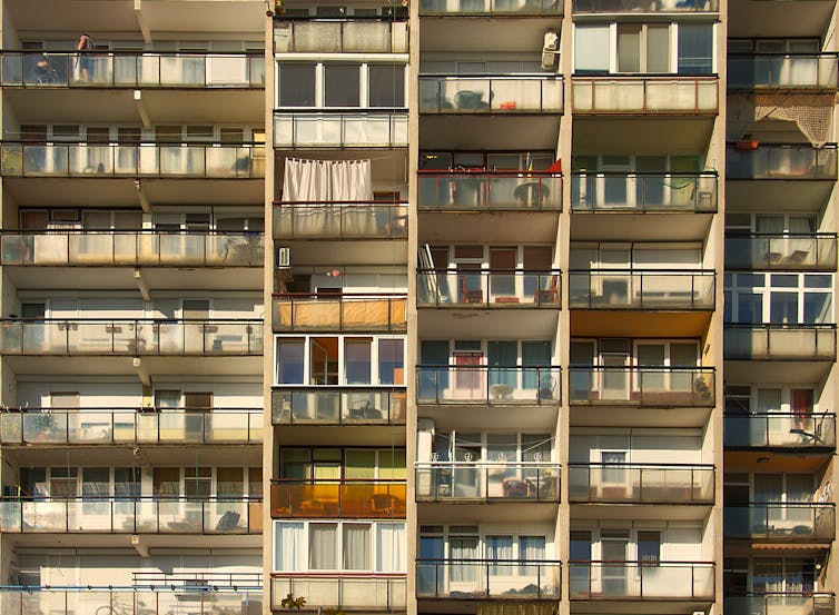 View of balconies on a tower block.