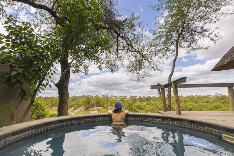Women in a swimming pool overlooking the bush.