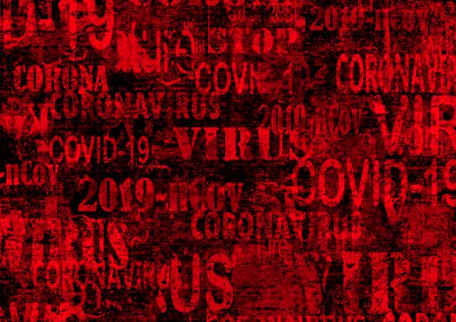 Collage con palabras en rojo sobre negro y tipos de imprenta con los textos coronavirus, virus y covid-19