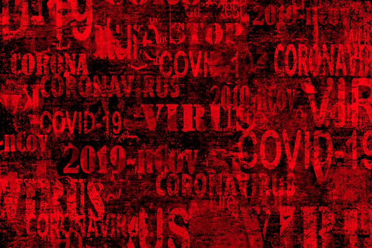 Collage con palabras en rojo sobre negro y tipos de imprenta con los textos coronavirus, virus y covid-19