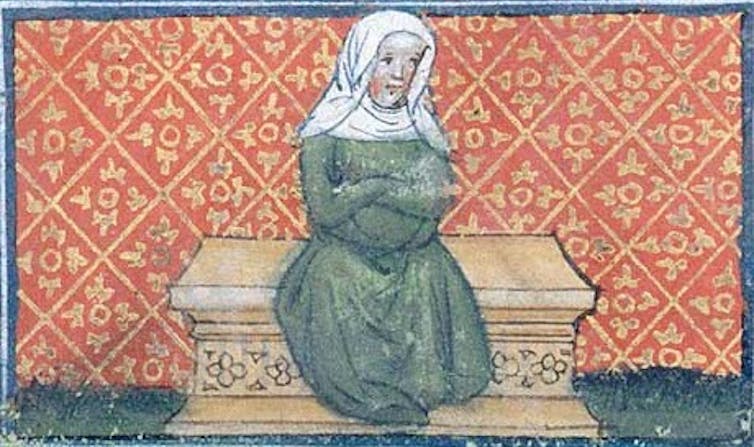 Personification of envy, wearing a veil and green dress, sits on a bench with her arms folded.