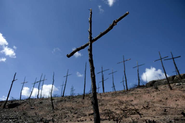 burned stick crosses on a bare hillside