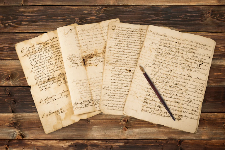 Old letters fanned out with a ink nib pen on top.