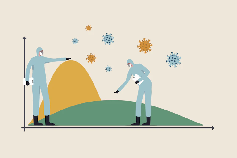 An illustration showing two curves on a graph of different heights, being gestured at by two people in PPE.