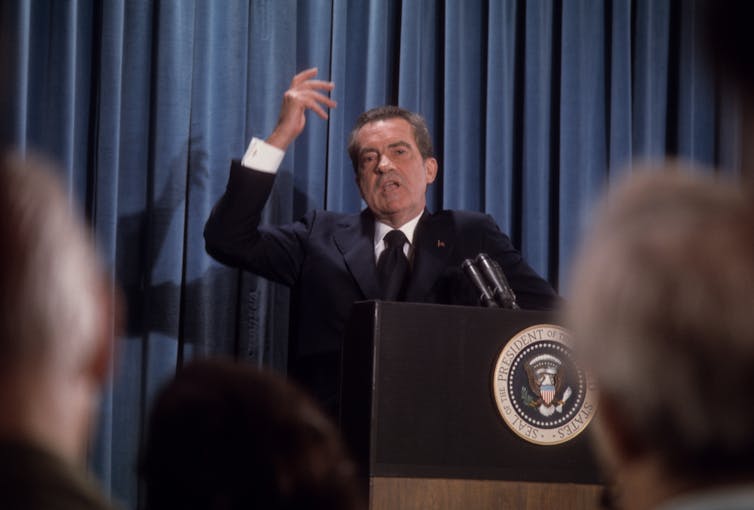 President Richard Nixon at a press conference, Washington DC