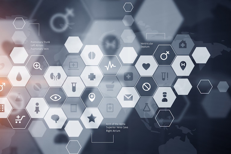 An abstract image of health-related icons in a honeycomb formation