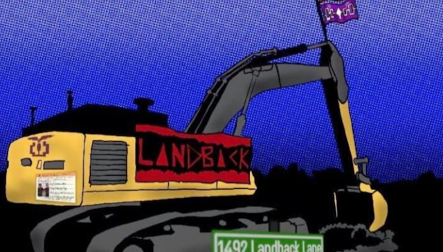 A drawing of a tractor with a banner that says Land Back. 