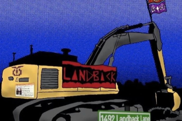 A drawing of a tractor with a banner that says Land Back.