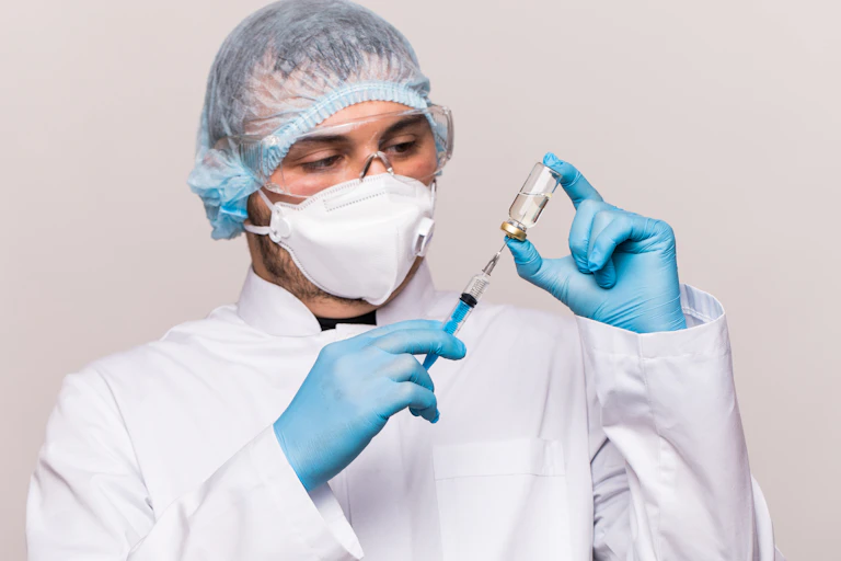 A man in a mask and lab coat filling a syringe with fluid