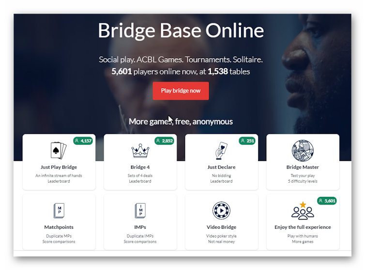 Screenshot of Bridge Base Online home page