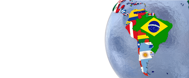 Mapa de América Latina con cada país dibujado con su correspondiente bandera