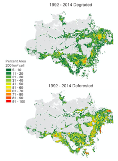 Map of deforestation and degradation in the Brazilian Amazon, 1992-2014.