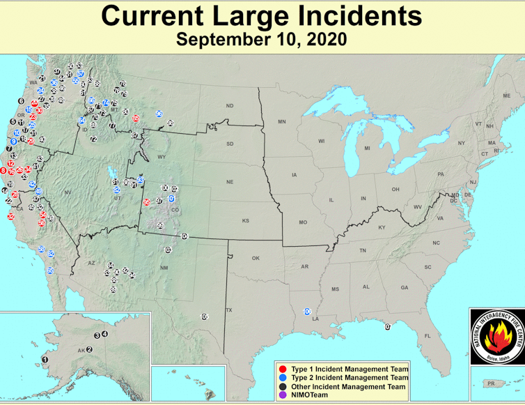 Map of large fire incidents in the United States.
