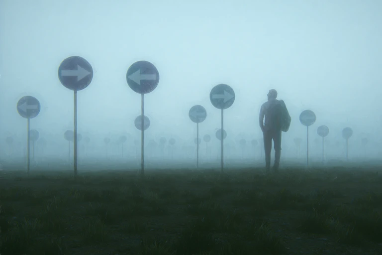 A man in a heavy mist surround by signs pointing in opposite directions.