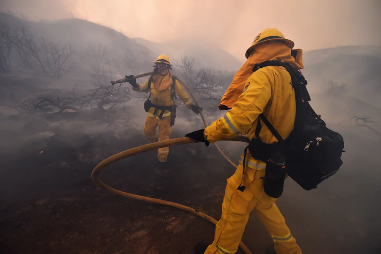 Firefighters walk through smoke during the fire at Lake Elsinore, California, in 2018.