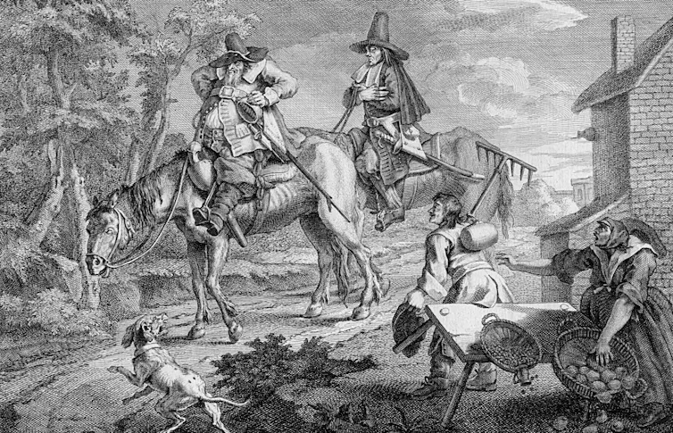 Two men on horses surprise two other people and overturn table. Dog barking in foreground.