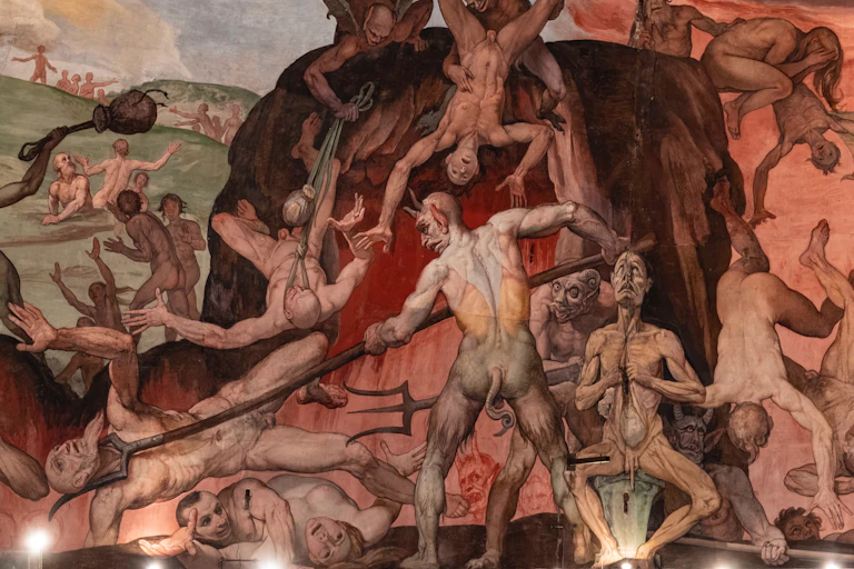 Illustrations of demons attacking people.