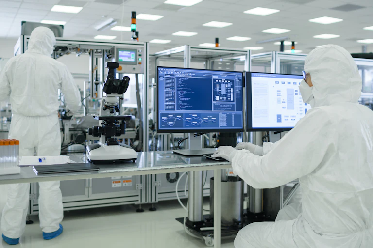 Dos científicos con monos en un laboratorio farmacológico.