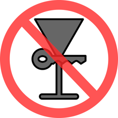 A martini glass and a key in a circle with a red line through it.