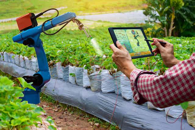 Man controls farming robot using tablet