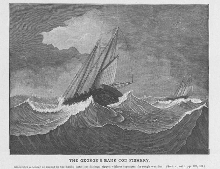 Black and white drawing of a ship at sea