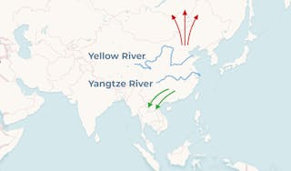 mapa mostrando a migração de pessoas antigas a norte da área do Rio Amarelo e a sul da área do Rio Yangtze.