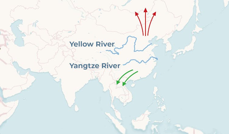 map showing migration of ancient people north from Yellow River area and south from Yangtze River area