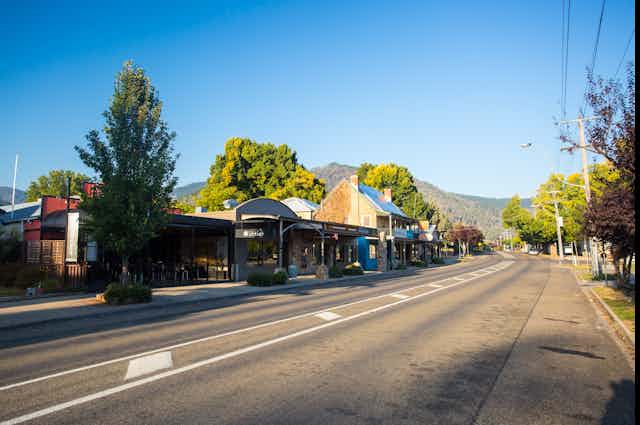 The main street of Bright, Victoria on a sunny day.