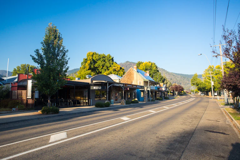 The main street of Bright, Victoria on a sunny day.