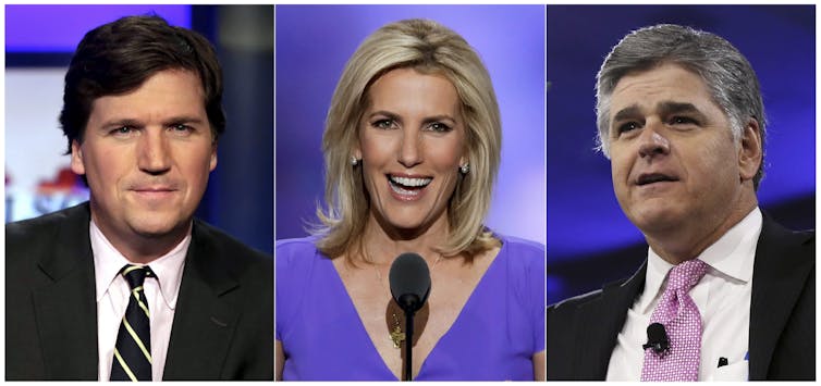 Fox News personalities Tucker Carlson, Laura Ingraham and Sean Hannity.