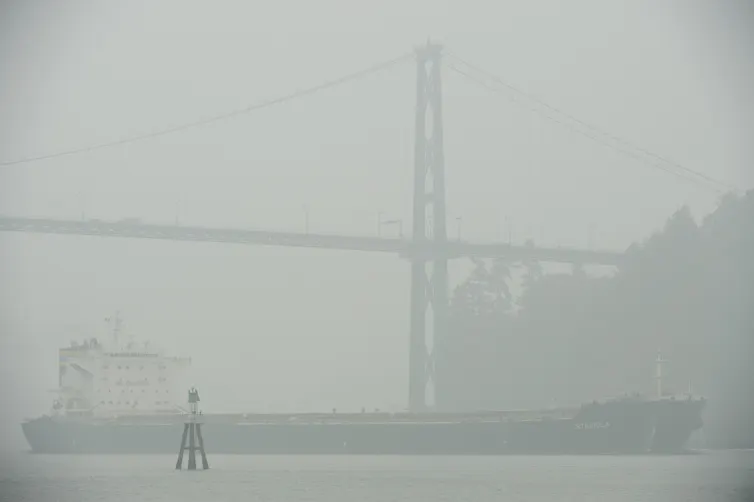 Thick smoke fills the air around a ship.