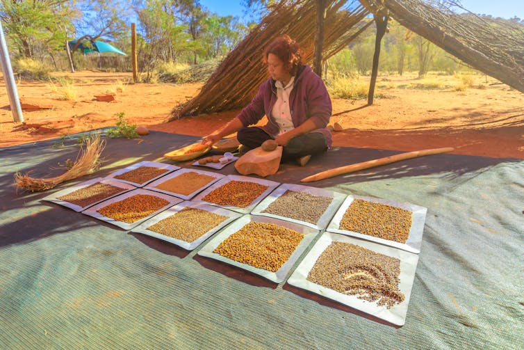 Indigenous women displays native seeds