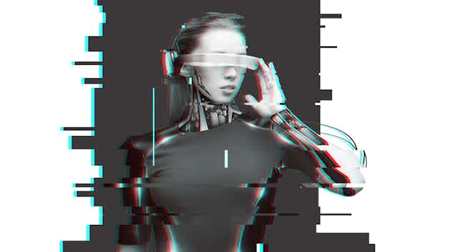 A glitch image of a futuristic woman.