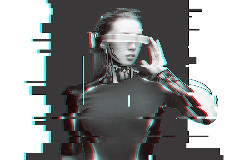 A glitch image of a futuristic woman.